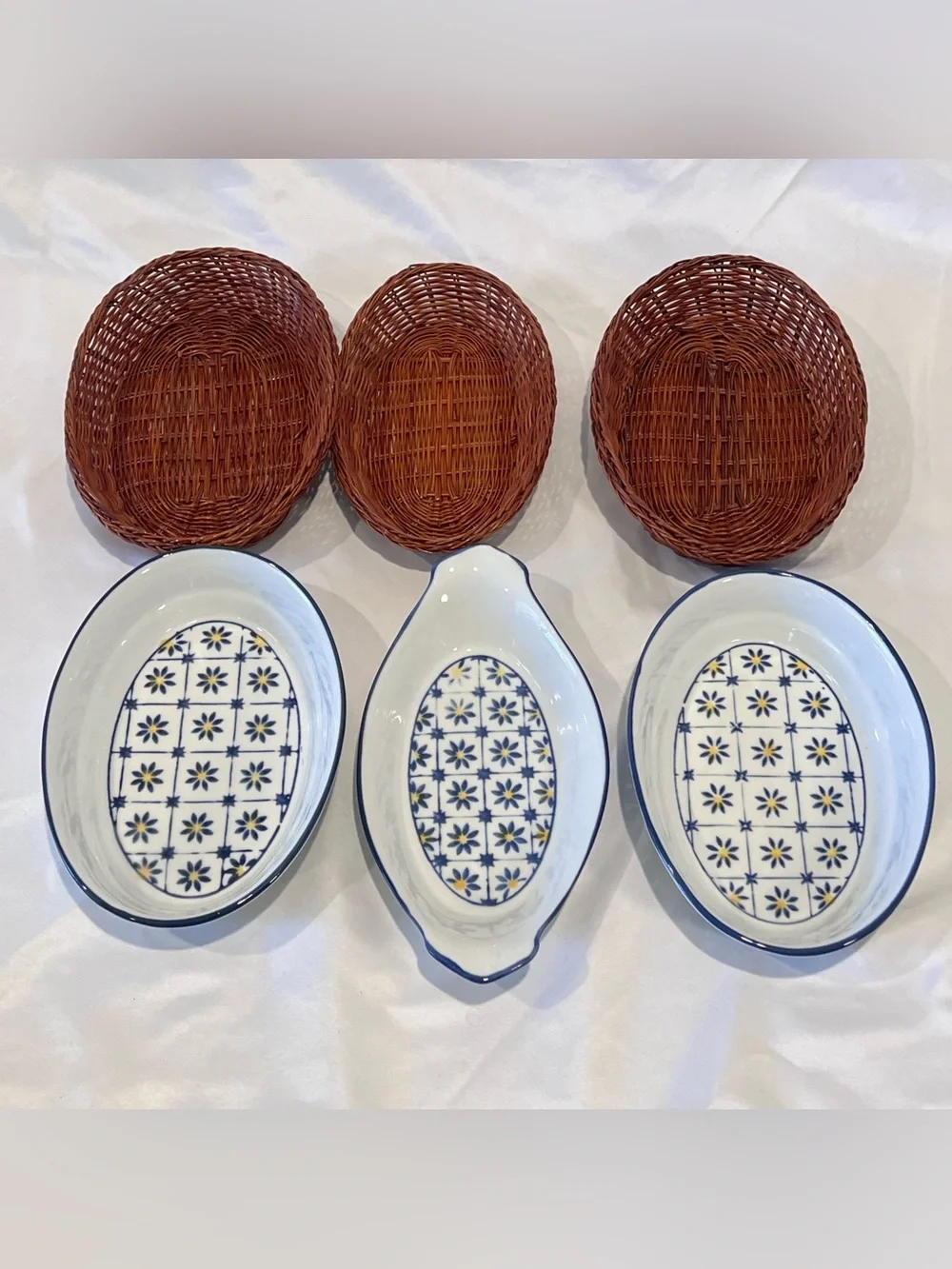 Blue Yellow Floral Ceramic Dishes Set of 3 Wicker Baskets